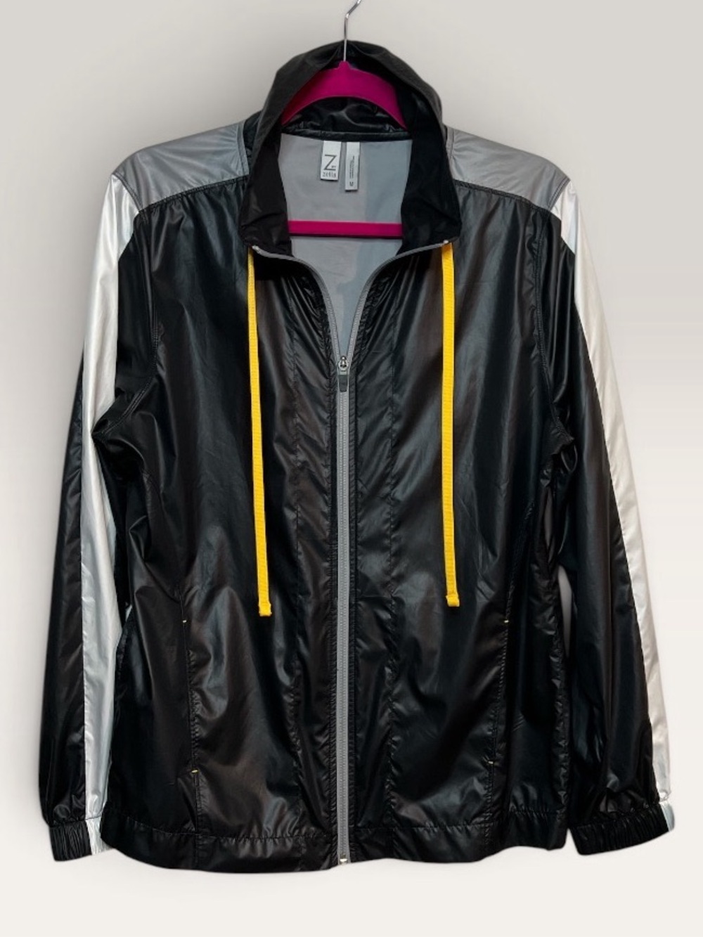 Zella Lightweight Black Jacket with White Sleeve Stripes and Yellow Drawcords M